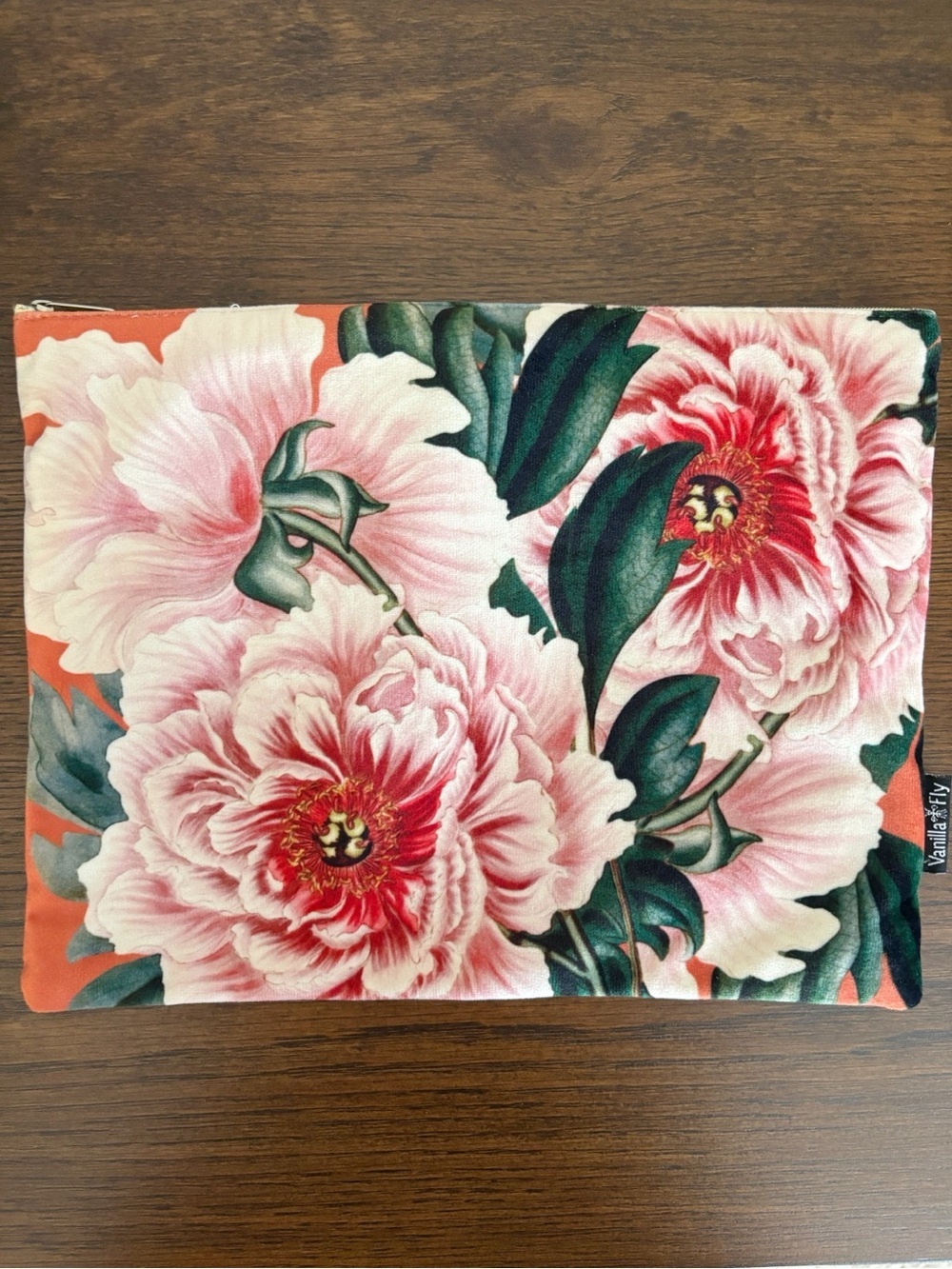 Vanilla Fly Peony Floral Print Velvet Cosmetic Bag 10.5 X 8